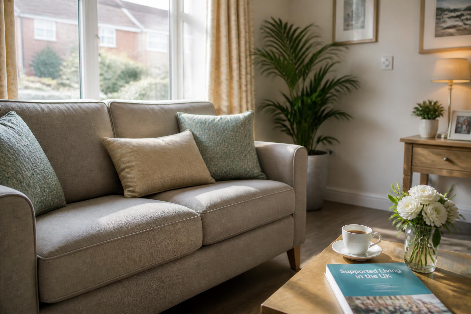 A bright, comfortable living room in a supported living home
